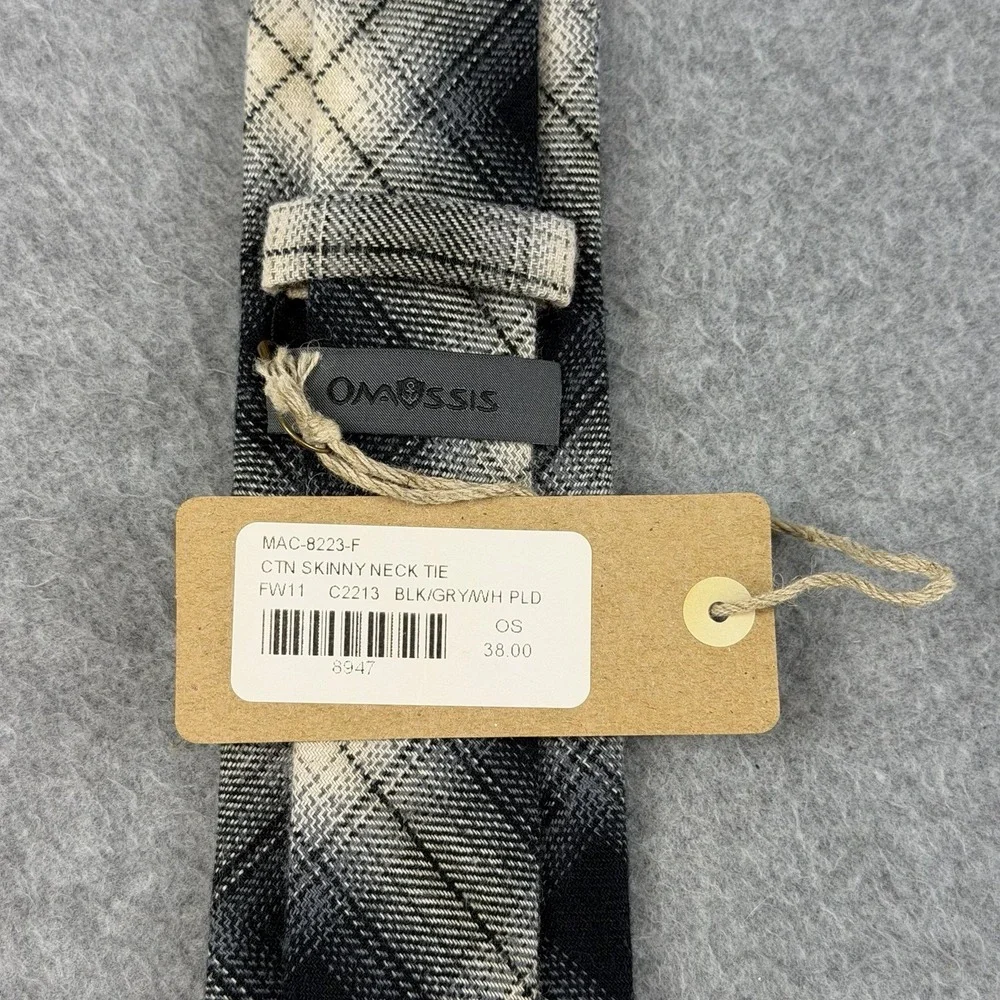 Onassis Skinny Neck Tie Black Gray Ivory Plaid 100% Cotton NWT Mens 60x2.5